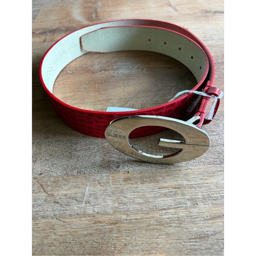 GUESS Red Textured Leather Belt with Silver 'G' Buckle